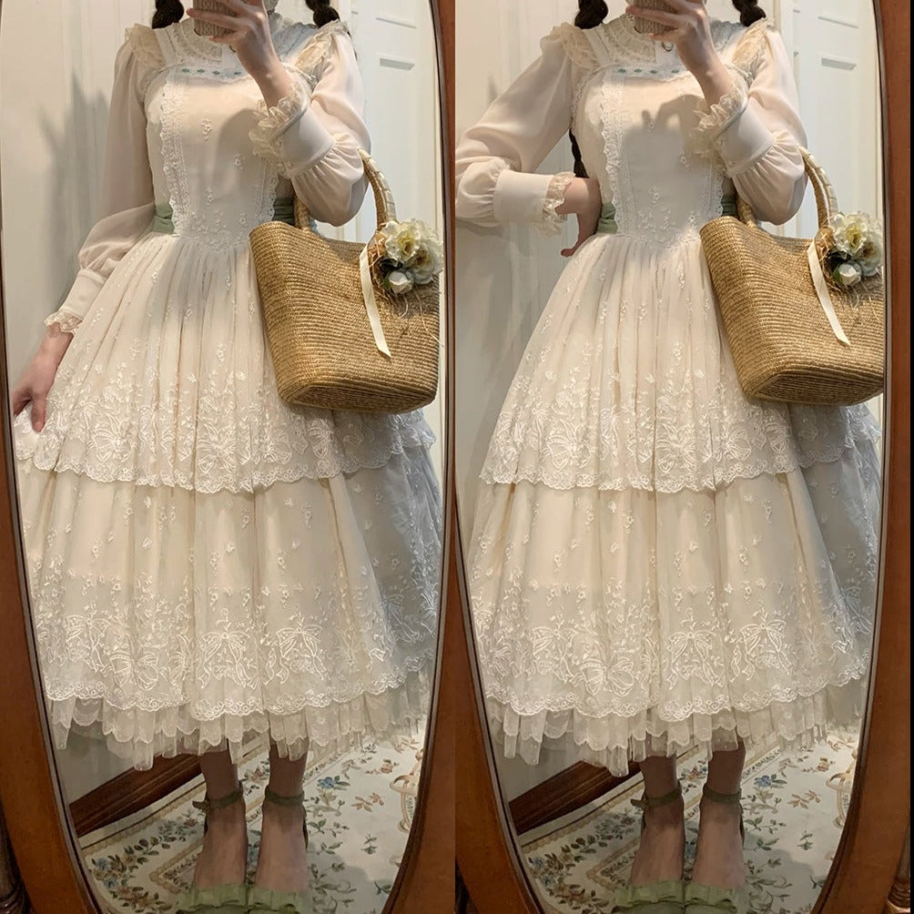 鈴蘭の花刺繍 レイヤードジャンパースカート