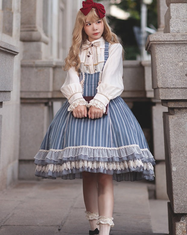 Eternal Emblem striped suspender skirt and cloak