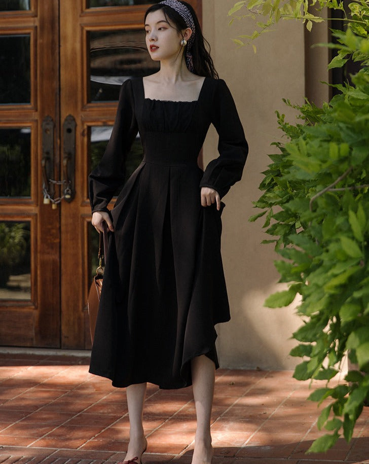 Retro French Square Neck Black Dress