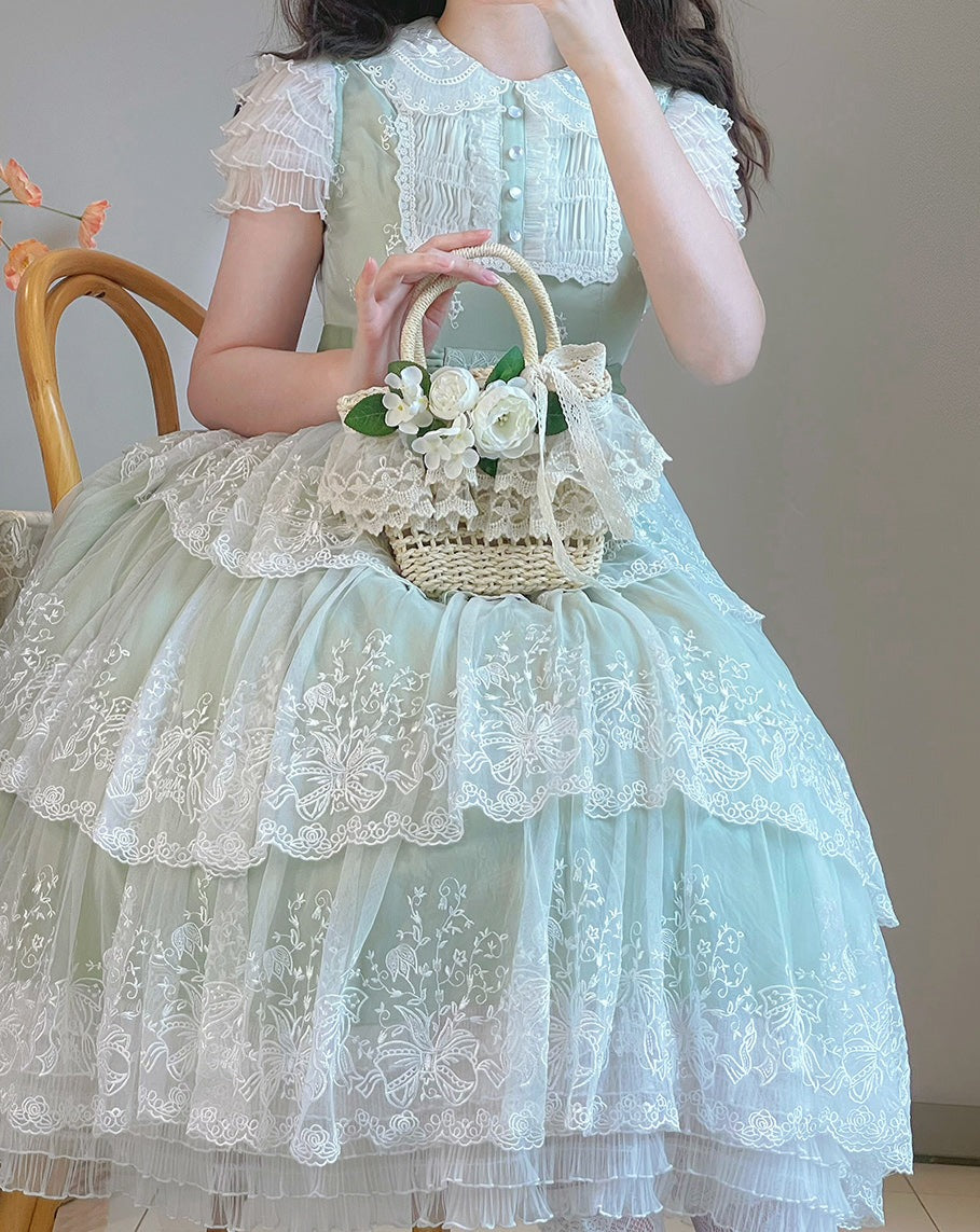 【予約販売】鈴蘭の花刺繍 三段レースワンピース（ミドル丈）