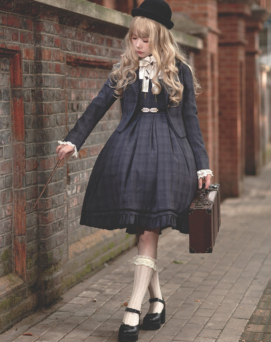 Foggy Track Traditional Check Jumper Skirt and Jacket