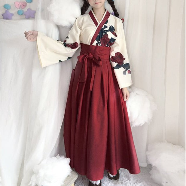 椿柄の袴風スカートとトップス 和ロリセットアップ – ロリータ 