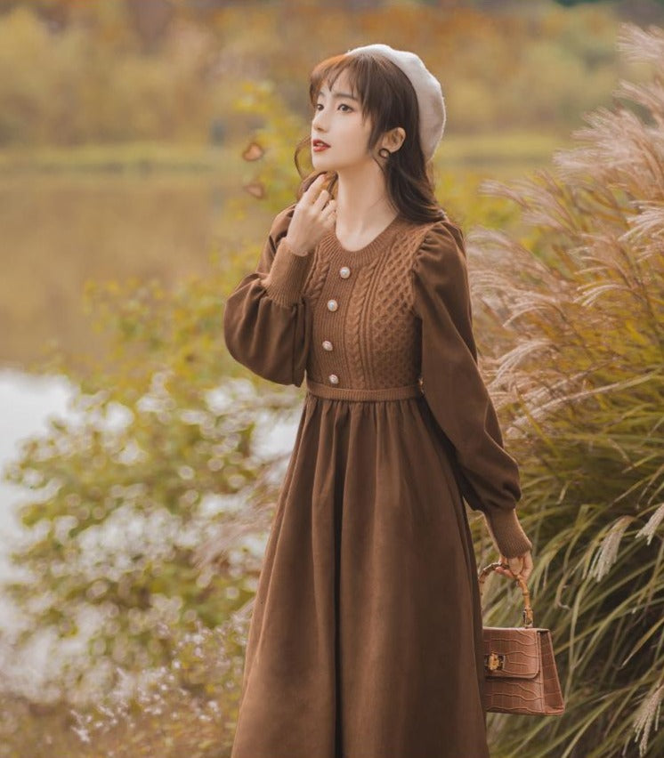 レトロ色のフレンチガーリー パフフリーブワンピース