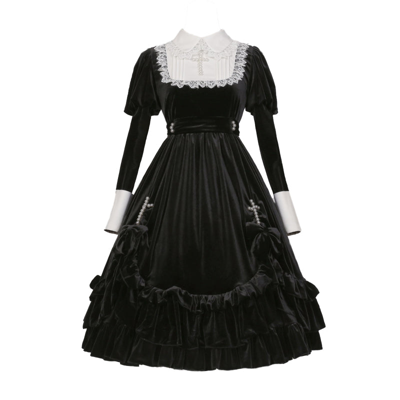 黒のベルベット パールクロスワンピース