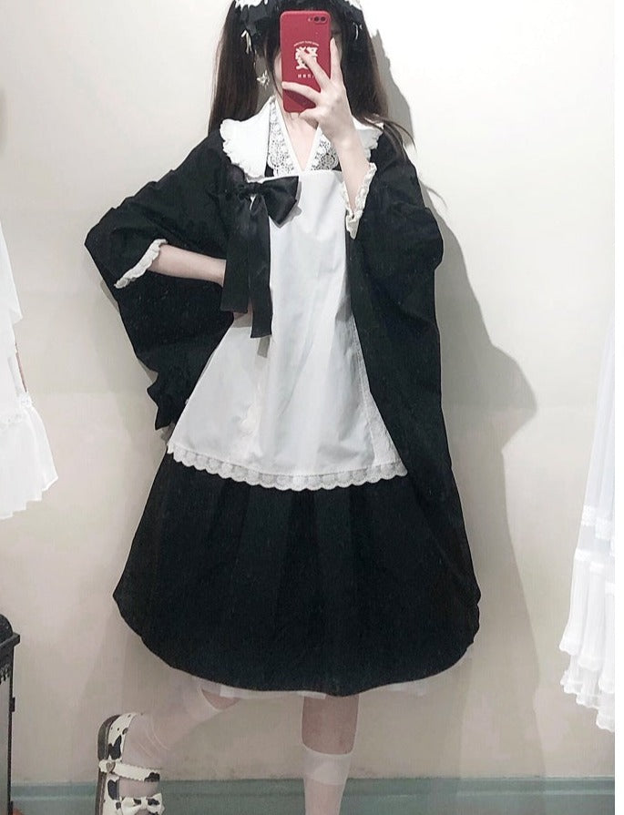 和風メイド エプロン付き着物風ドレス