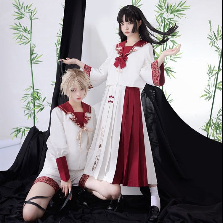 Hana Lolita x School Uniform Style Crane Embroidery Tops/Skirt Setup