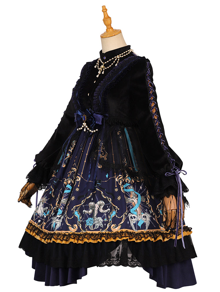 [Reservation sale] Gothic Jet Black Navy Retro Print Skirt Lolita Dress