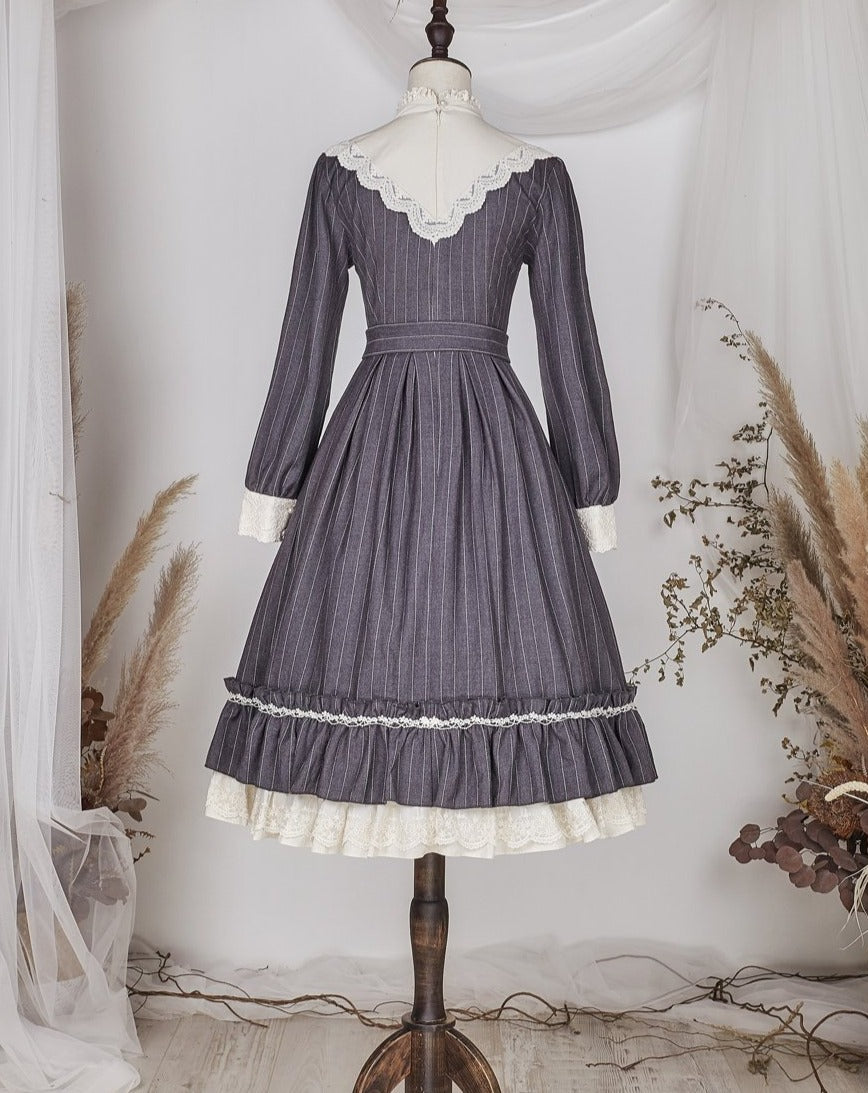 British Classical Lolita Vertical Striped Dress