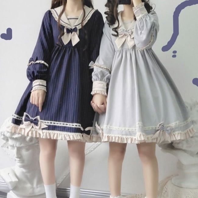 Lolita dress with sailor collar stripe and ribbon