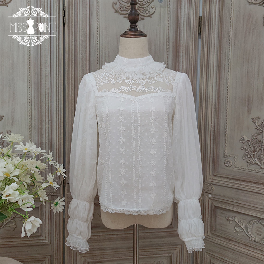 Suzuran flower embroidery high neck frilled blouse [20% off for combined purchases]