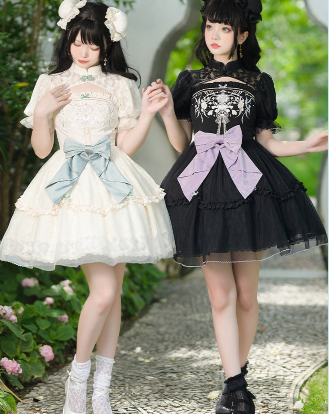 華ロリ レースと刺繍のマオカラーワンピース