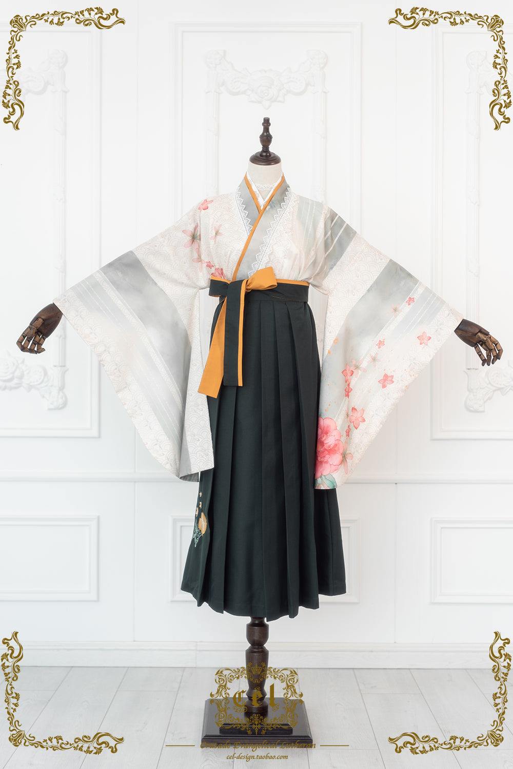 【即納】グレーの着物風トップスと墨緑の袴風スカートのセットアップ・Mサイズ