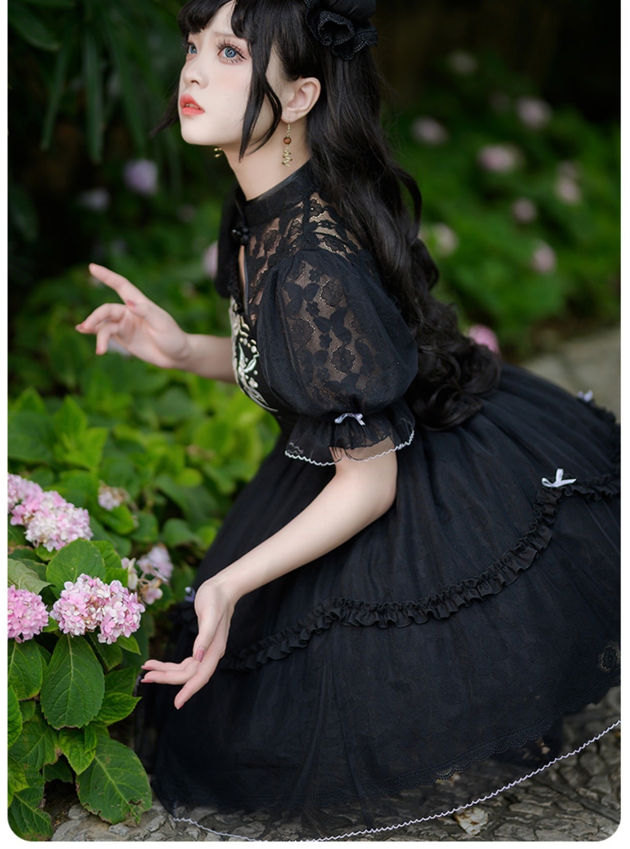 華ロリ レースと刺繍のマオカラーワンピース