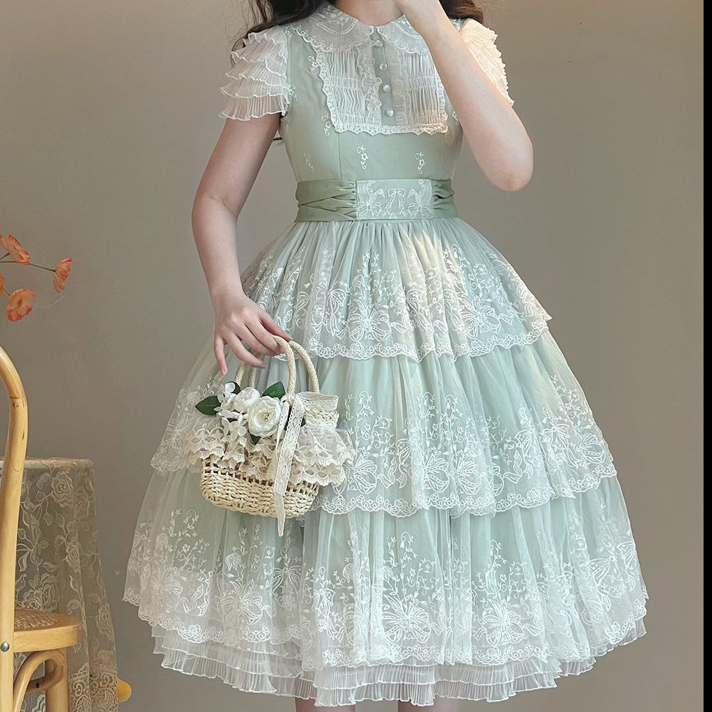 【予約販売】鈴蘭の花刺繍 三段レースワンピース（ミドル丈）