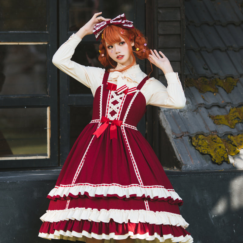 [Set sale] Retro Princess Lolita Jumper Skirt Blouse Pannier Headdress
