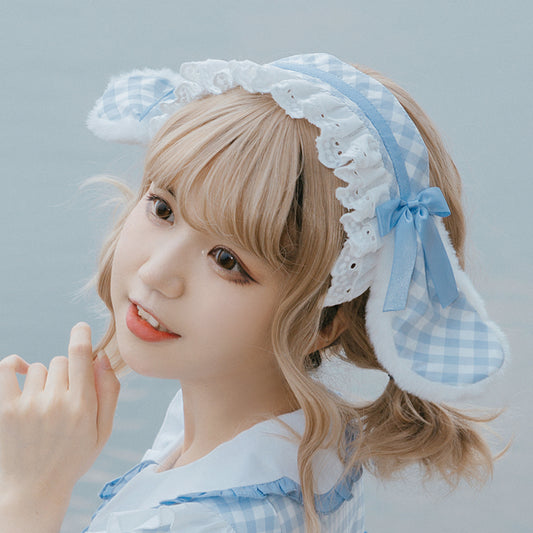 Blue gingham head accessory with bow