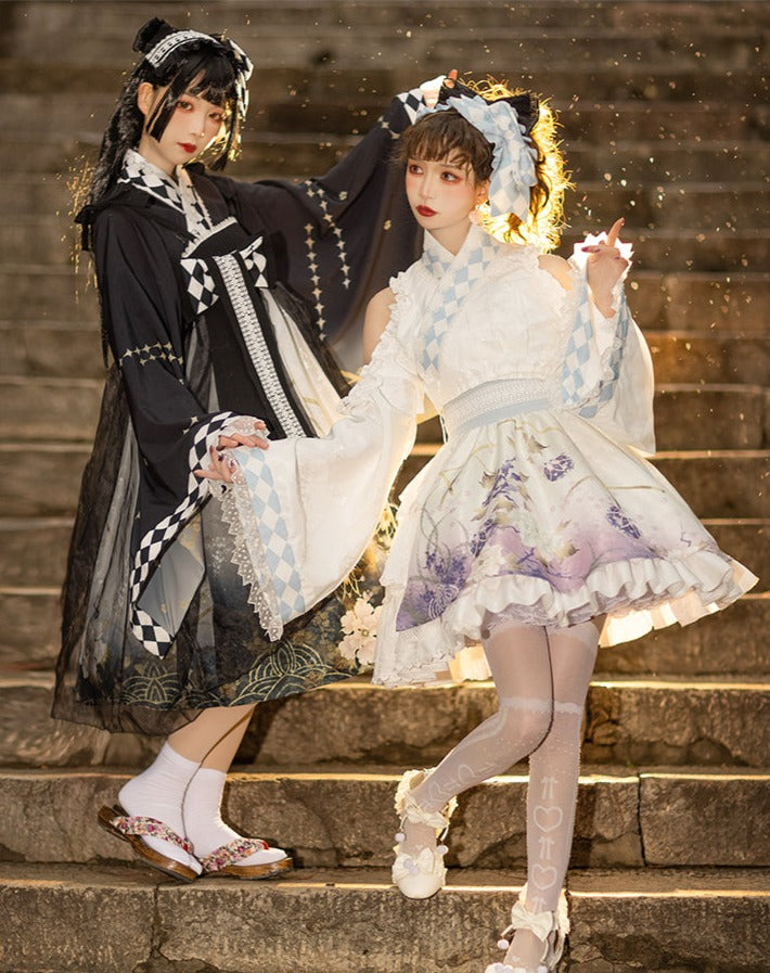和ロリ 花模様のブラックジャンパースカートとトップス ヘッドドレス付き