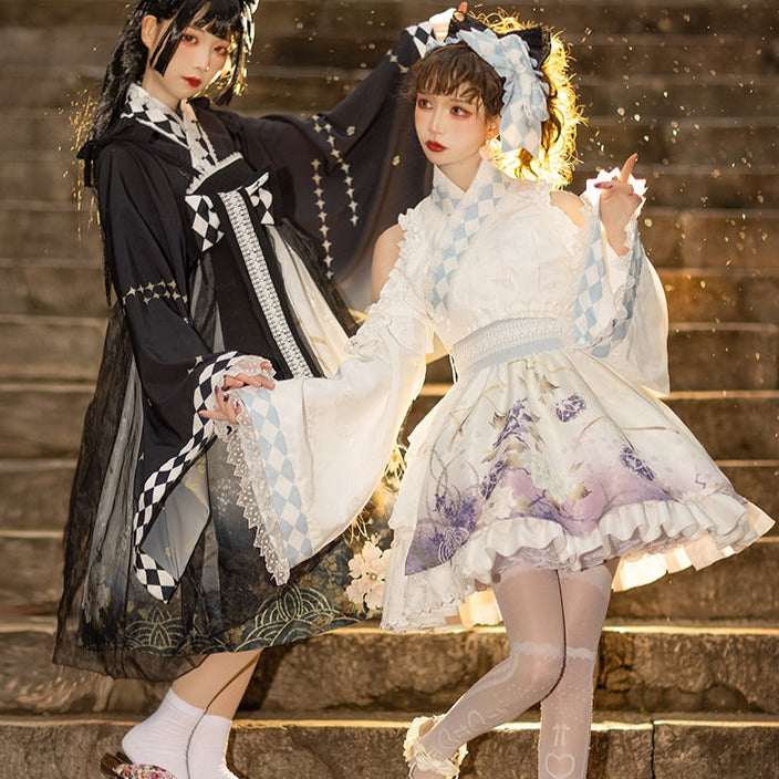 和ロリ 花模様のホワイトミニドレス ヘッドドレス付き