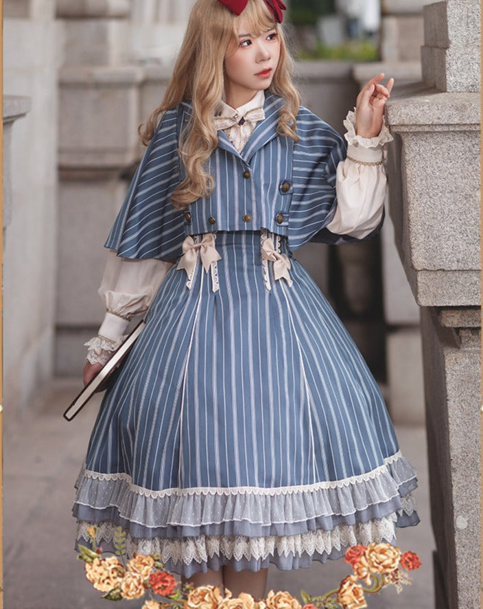 Eternal Emblem striped suspender skirt and cloak