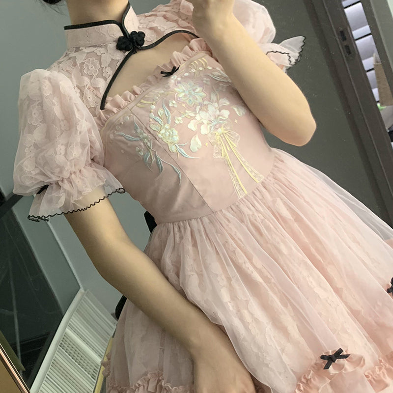 華ロリ レースと刺繍のマオカラーワンピース