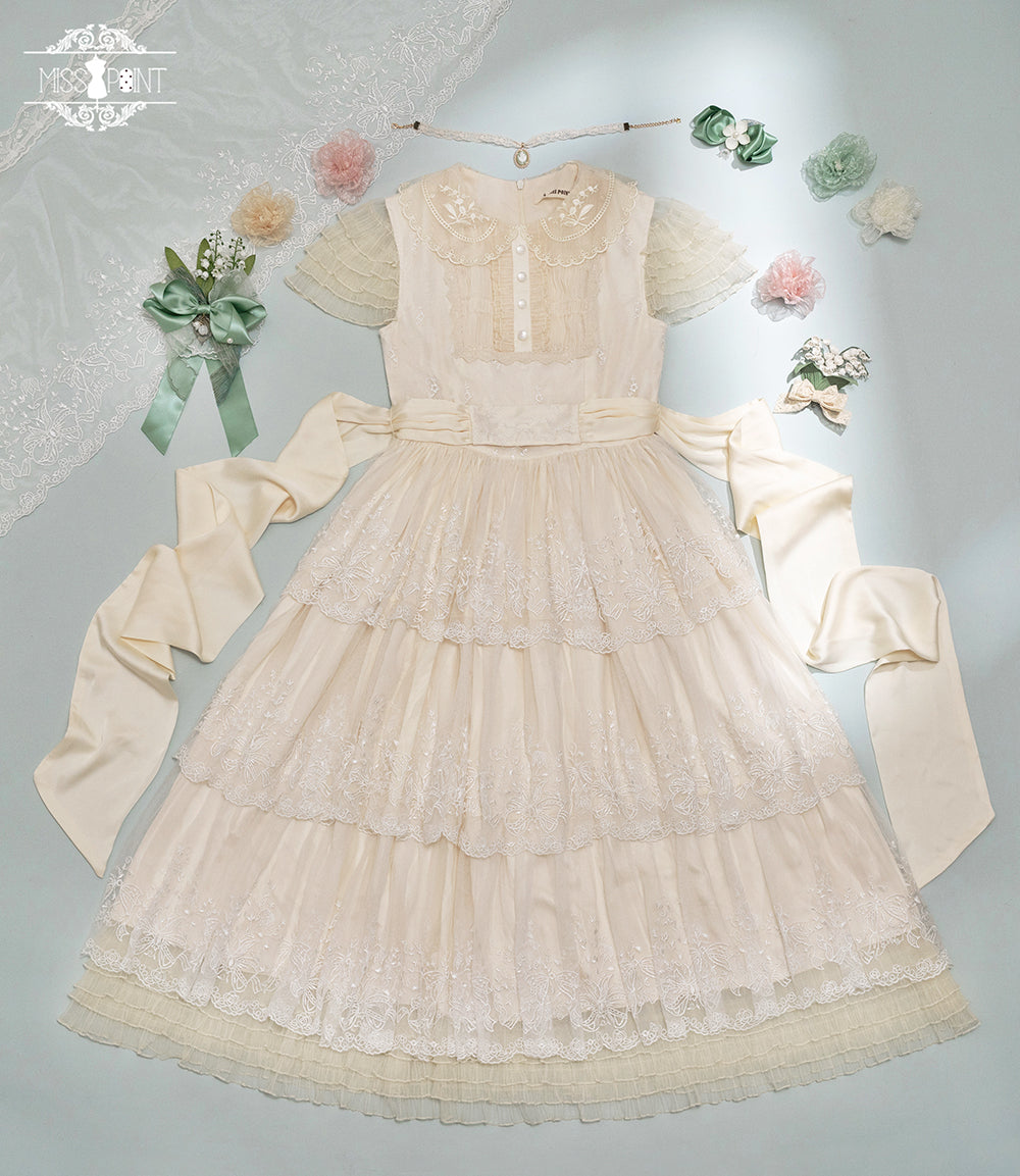 【予約販売】鈴蘭の花刺繍 三段レースワンピース（ロング丈）