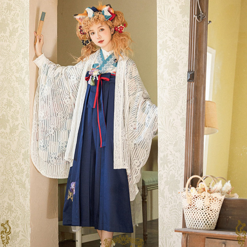 Camellia flower embroidery and butterfly hakama skirt