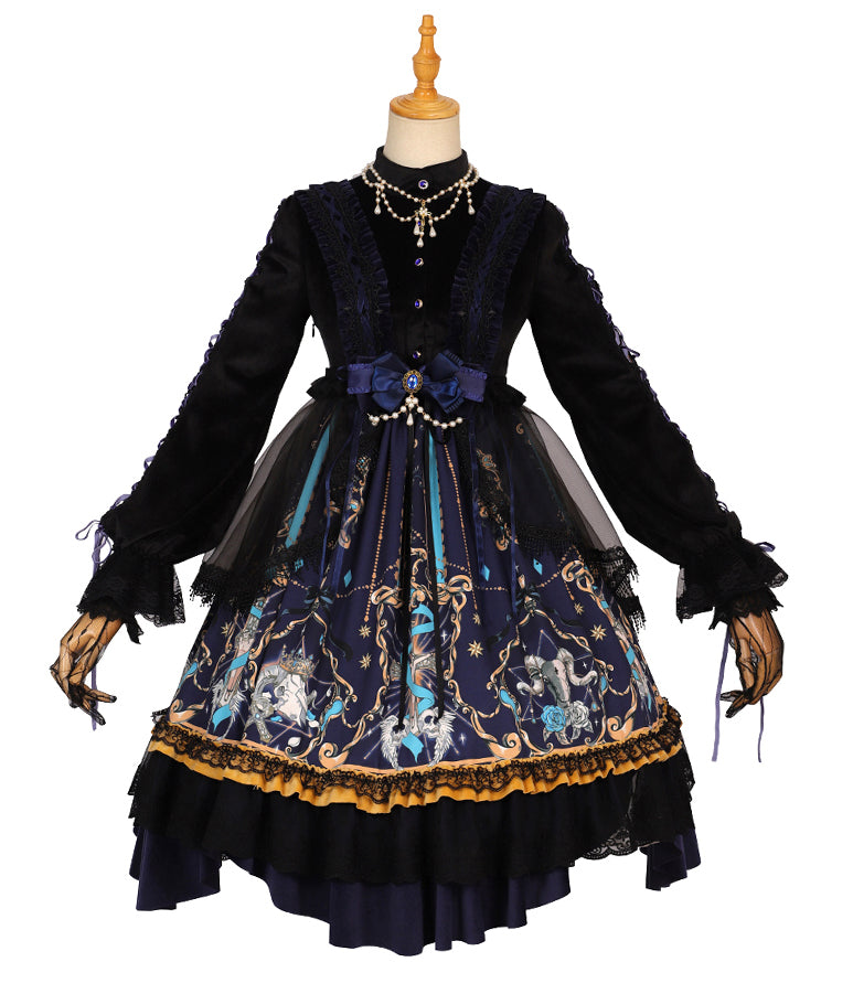 [Reservation sale] Gothic Jet Black Navy Retro Print Skirt Lolita Dress