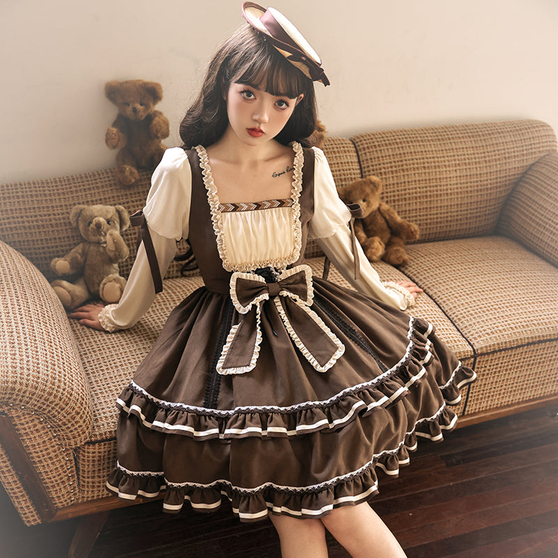 Misty Brown Different Material Mix Retro Doll Dress