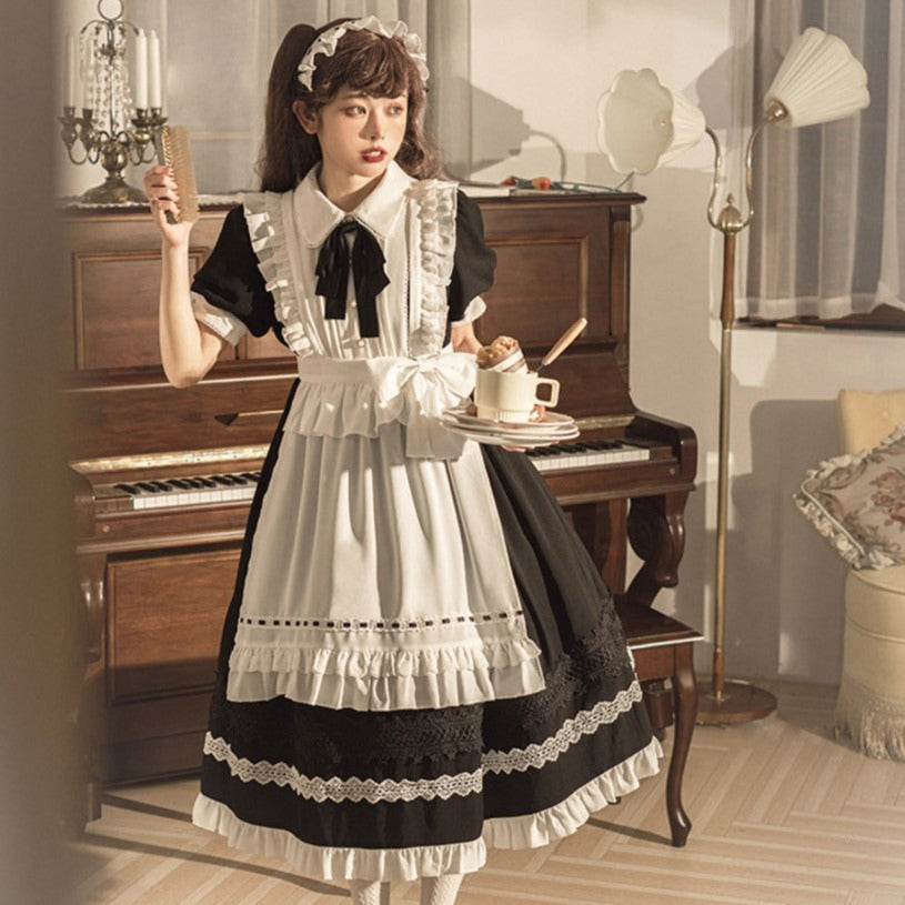 メイド風エプロン付きクラシカル ロリィタ 半袖ワンピース
