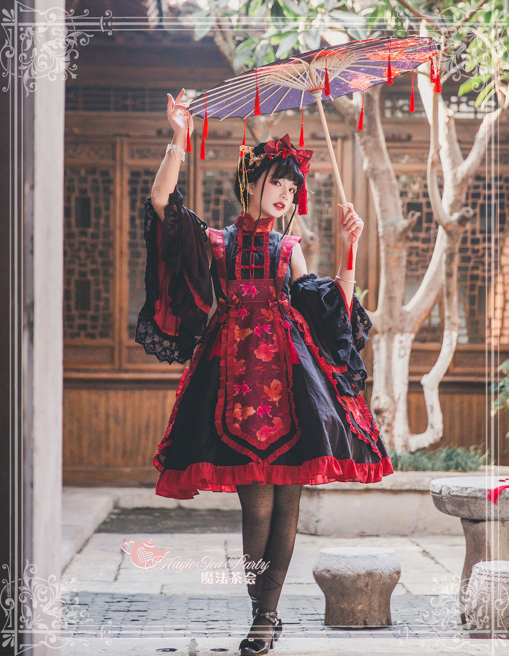 Yumemiru Goldfish Flower Lolita Dress with Arm Sleeves and Hair Accessories