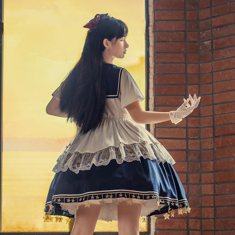 [Sold Out] Sailor Suit Lolita Dress with Embroidered Stars and Moon