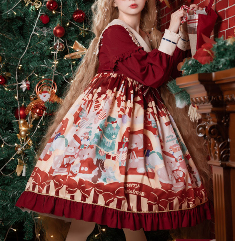 Santa Bear Print Christmas Color Lolita Dress