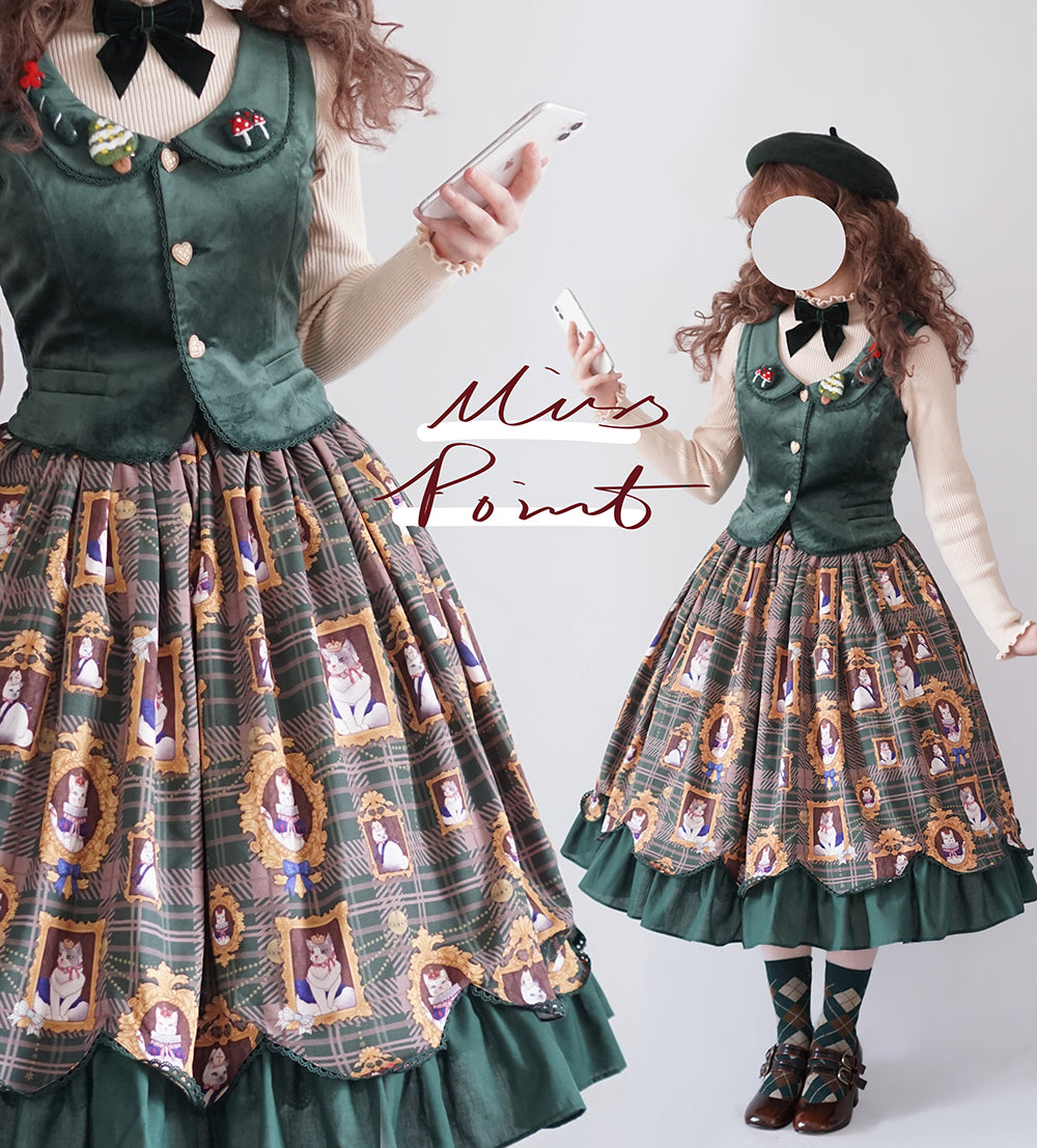 [Pre-order] Frame Cat and Checkered Layered Skirt