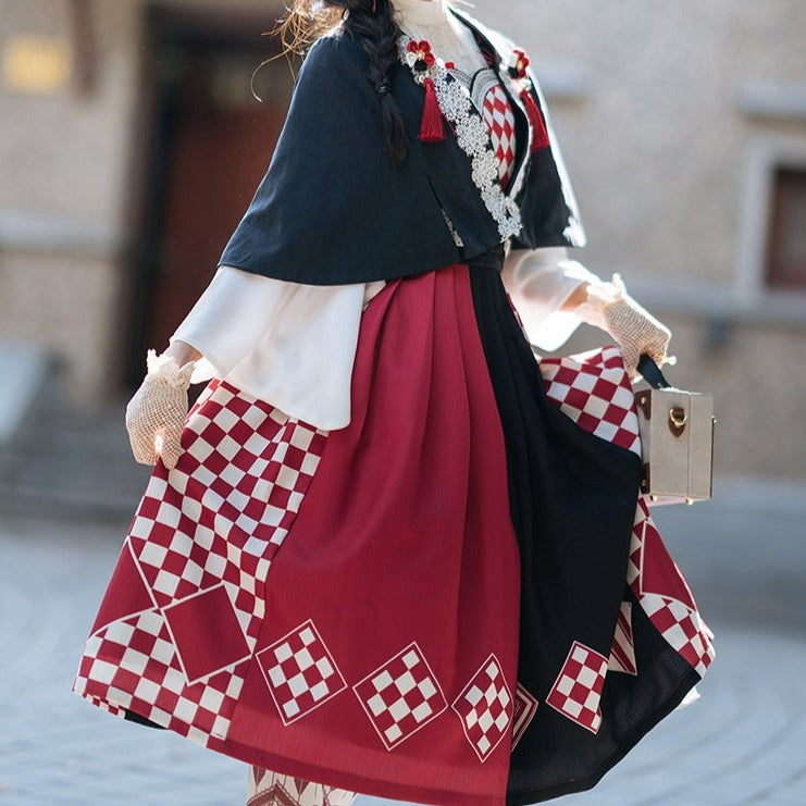 Taisho Roman Rhombic Lattice Japanese Lolita Jumper Skirt and Cloak Japanese Lolita