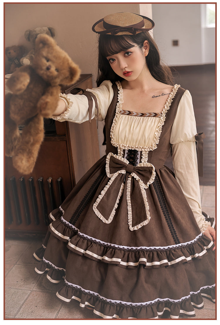 Misty Brown Different Material Mix Retro Doll Dress