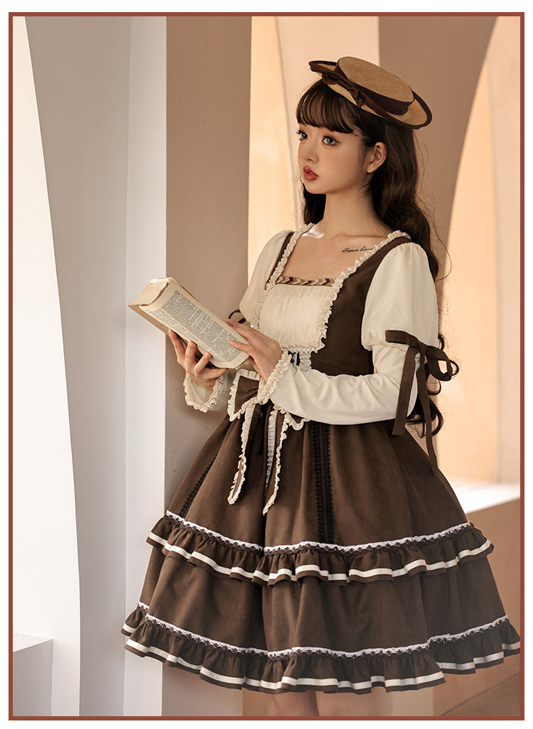 Misty Brown Different Material Mix Retro Doll Dress