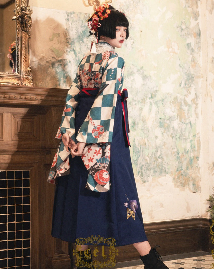 Camellia flower embroidery and butterfly hakama skirt