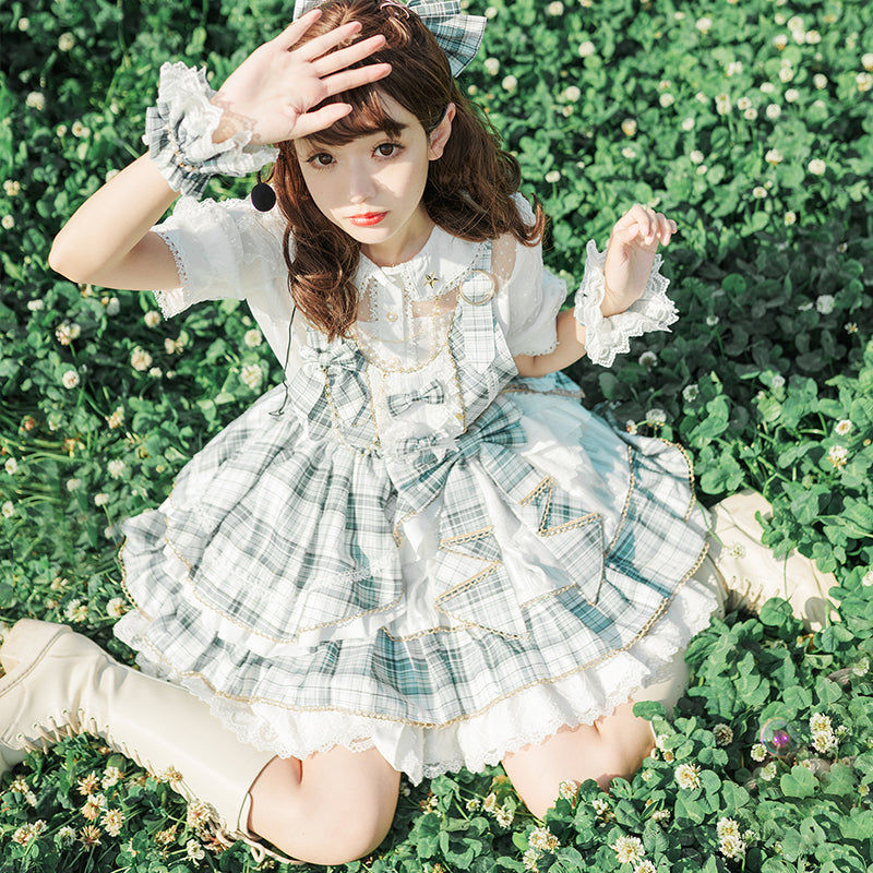 アイドル風フリルとチェックの2wayエプロンスカート