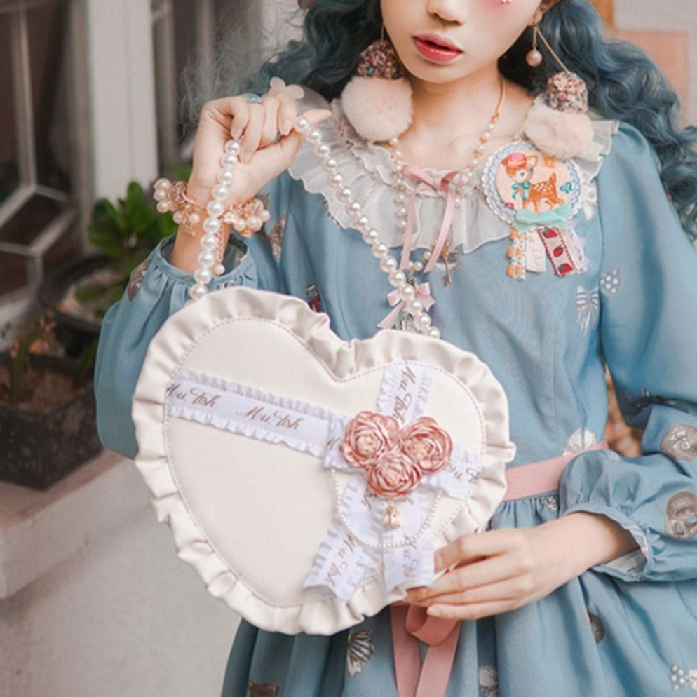 Big Heart Lolita Bag with Roses and Frills Sweet Lolita Gothic Lolita