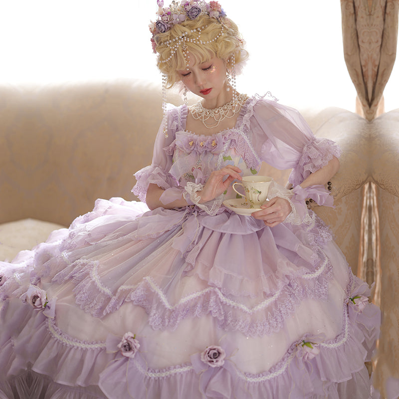 【予約販売】シフォンパープルプリンセスドレスとお花のティアラ