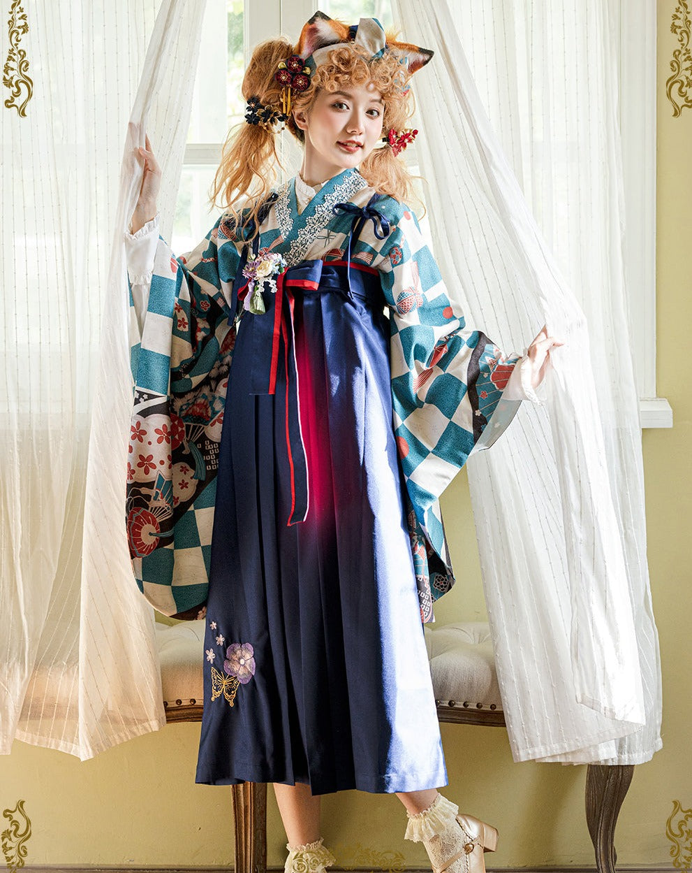 Japanese-style print and lace kimono-style tops [20% off when purchased together]