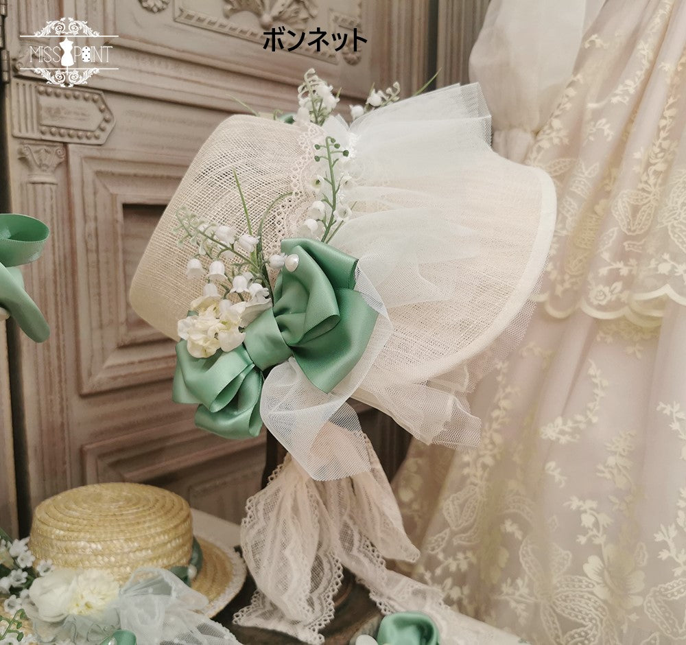 【同時購入のみ】鈴蘭の花刺繍 ボンネット・帽子・カチューシャ