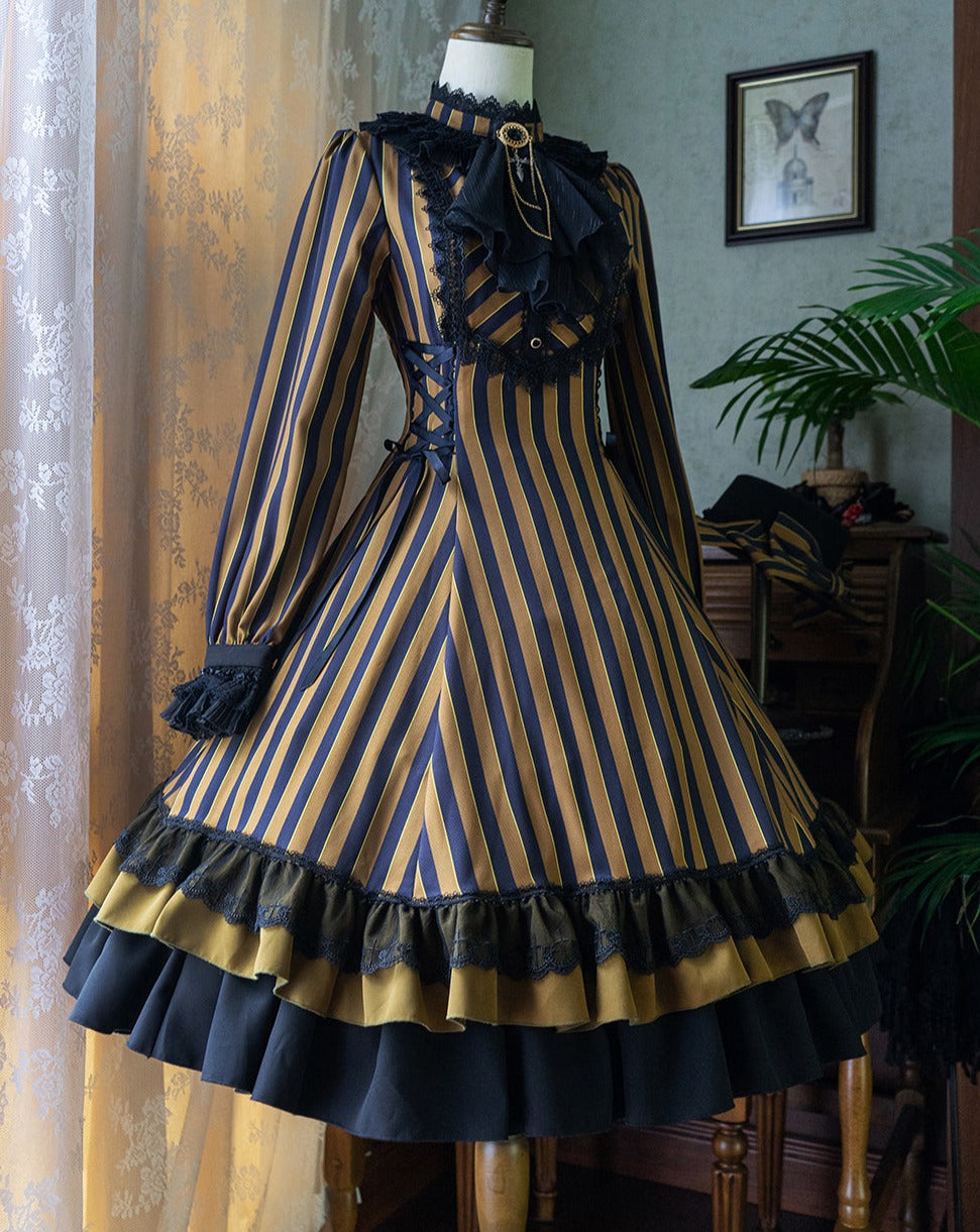 Lord Nobility Gothic Lolita Stand Collar Dress Vertical Stripe Type