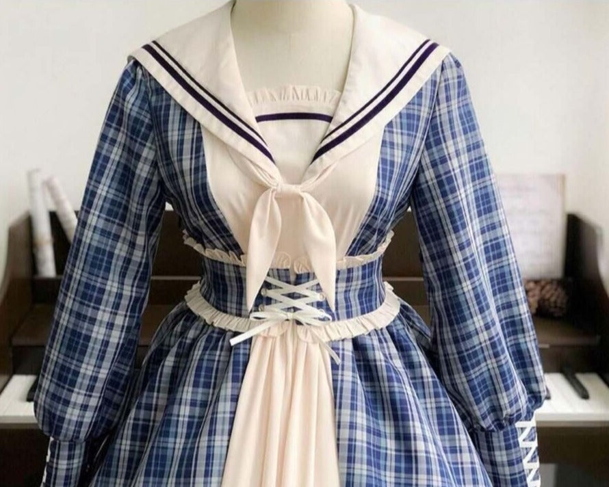 Schoolgirl in Paris Checked sailor collar dress and beret