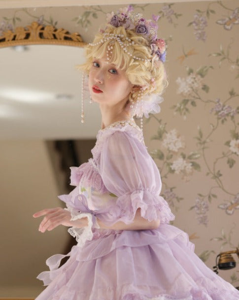 【予約販売】シフォンパープルプリンセスドレスとお花のティアラ