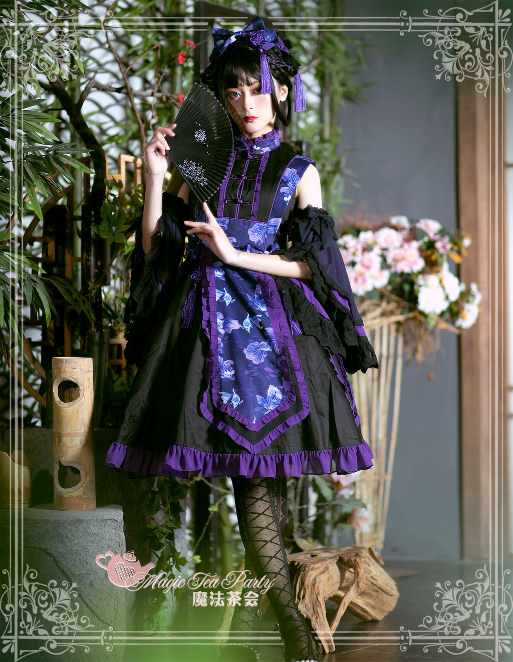 Yumemiru Goldfish Flower Lolita Dress with Arm Sleeves and Hair Accessories
