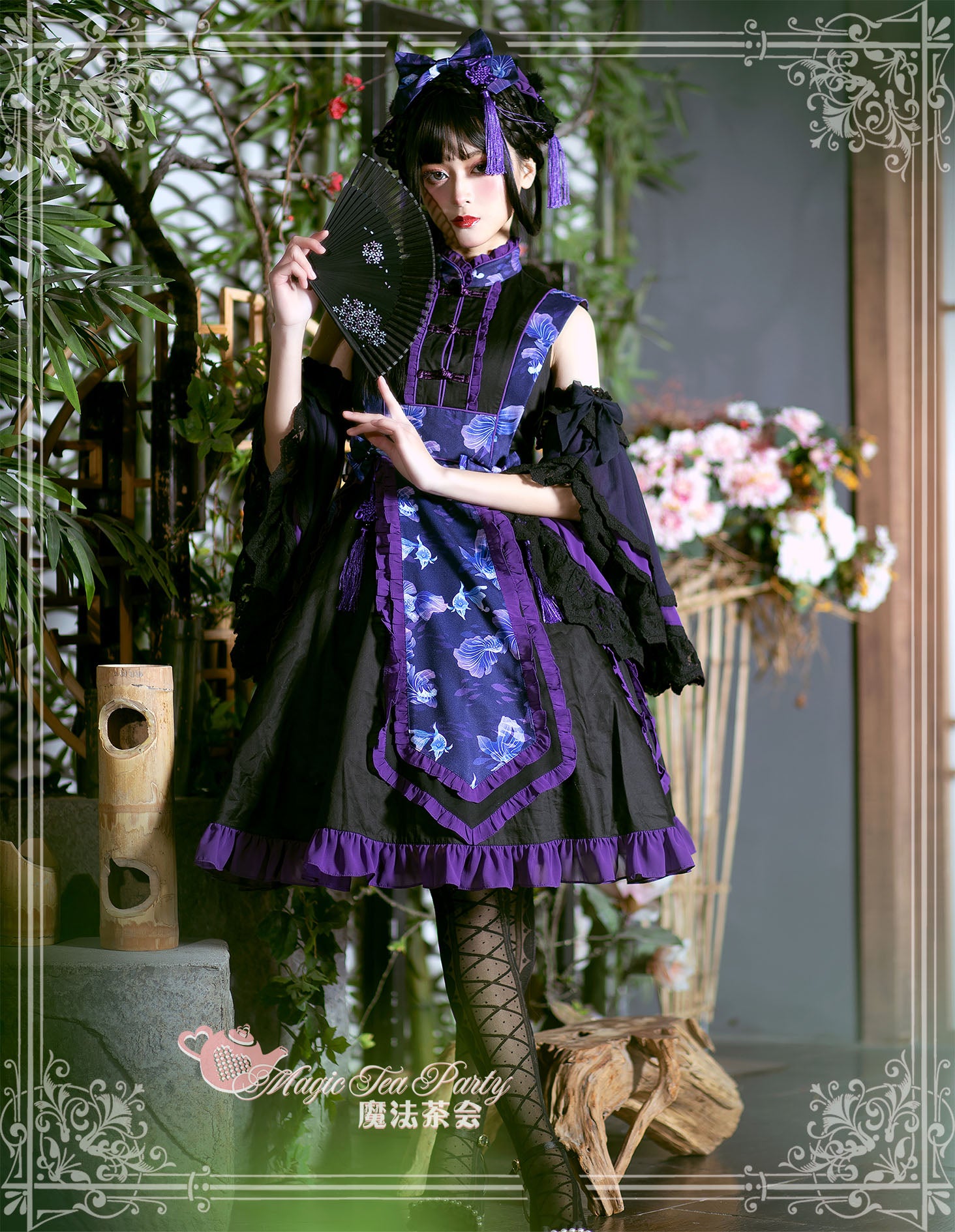 Yumemiru Goldfish Flower Lolita Dress with Arm Sleeves and Hair Accessories