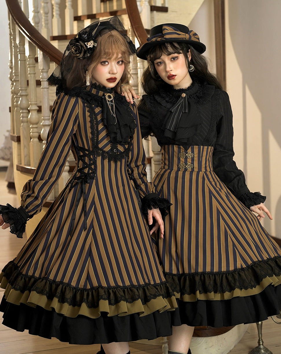 【予約販売】領主貴族のゴスロリ スタンドカラーワンピース 縦縞タイプ