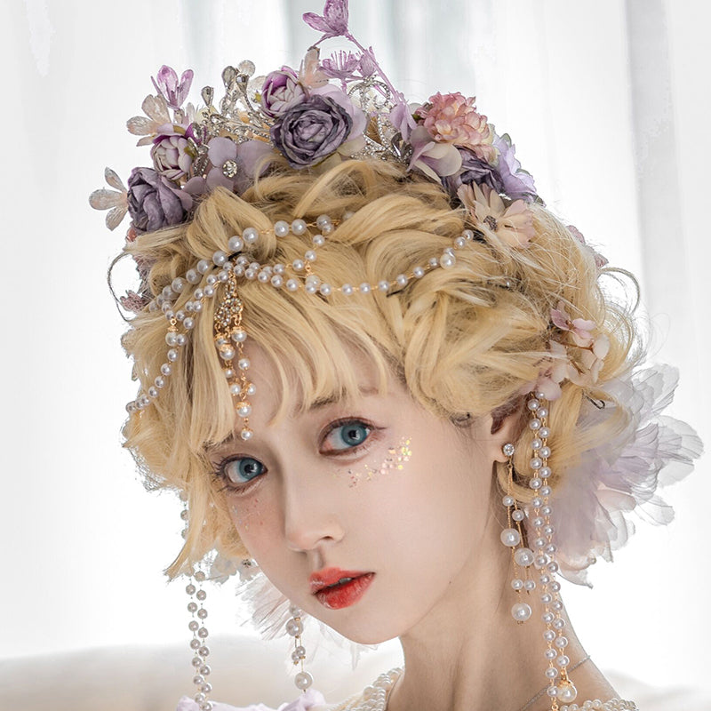 【予約販売】シフォンパープルプリンセスドレスとお花のティアラ