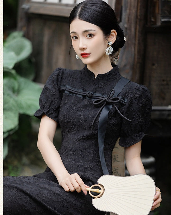 黒の花柄ジャガードチャイナワンピース